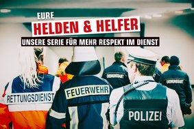 Aktionsmotiv für Helden & Helfer mit Rettungsdienst, Feuerwehr und Polizei